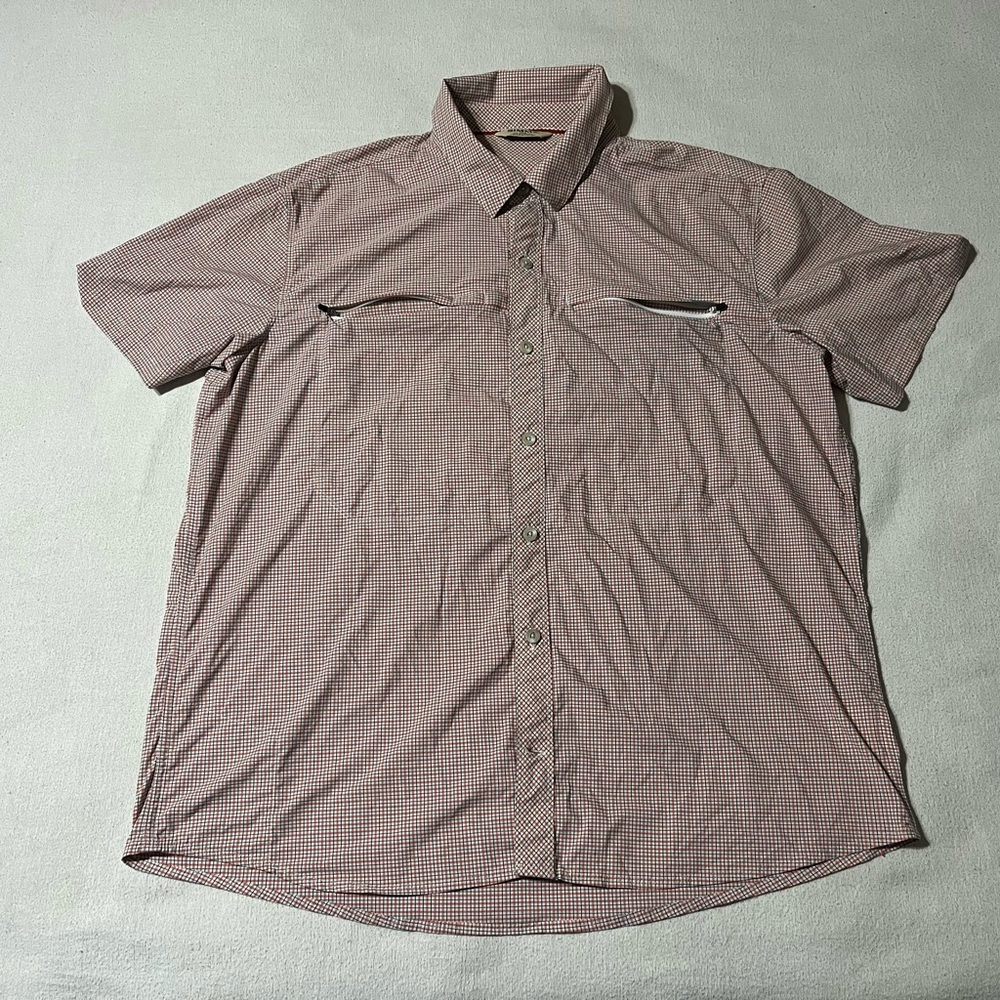 Simms Mens XL Performance Short Sleeve Button Shirt Red Plaid Outdoors Nylon‎